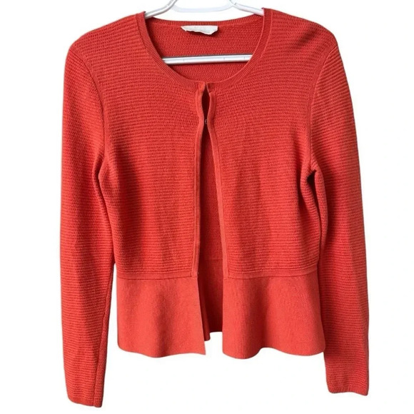 Hugo Boss Virgin Wool Red Orange Peplum Style Metal Clasp Cardigan Sweater - Picture 1 of 6